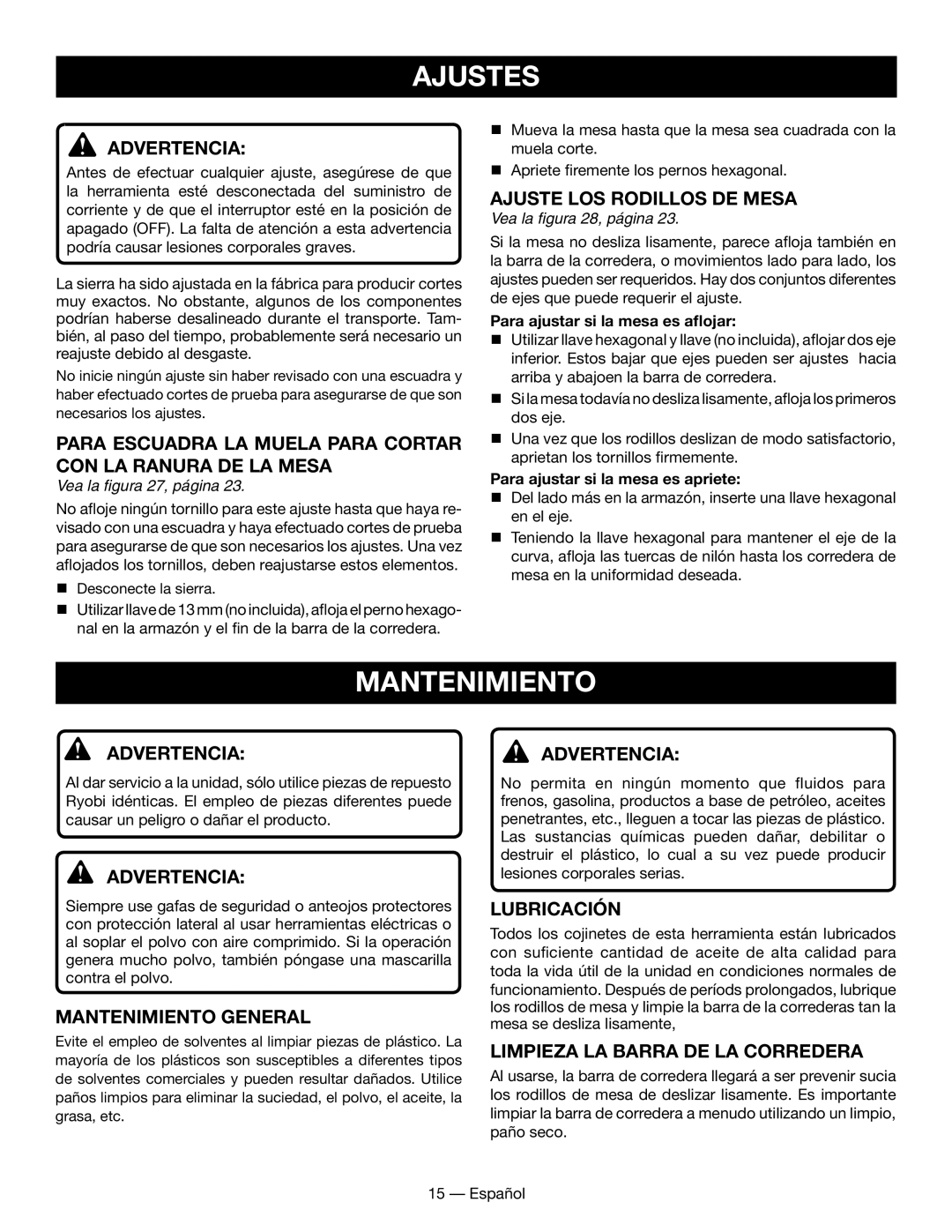 Ryobi WS730 manuel dutilisation Ajustes, Mantenimiento General, Lubricación, Limpieza LA Barra DE LA Corredera 