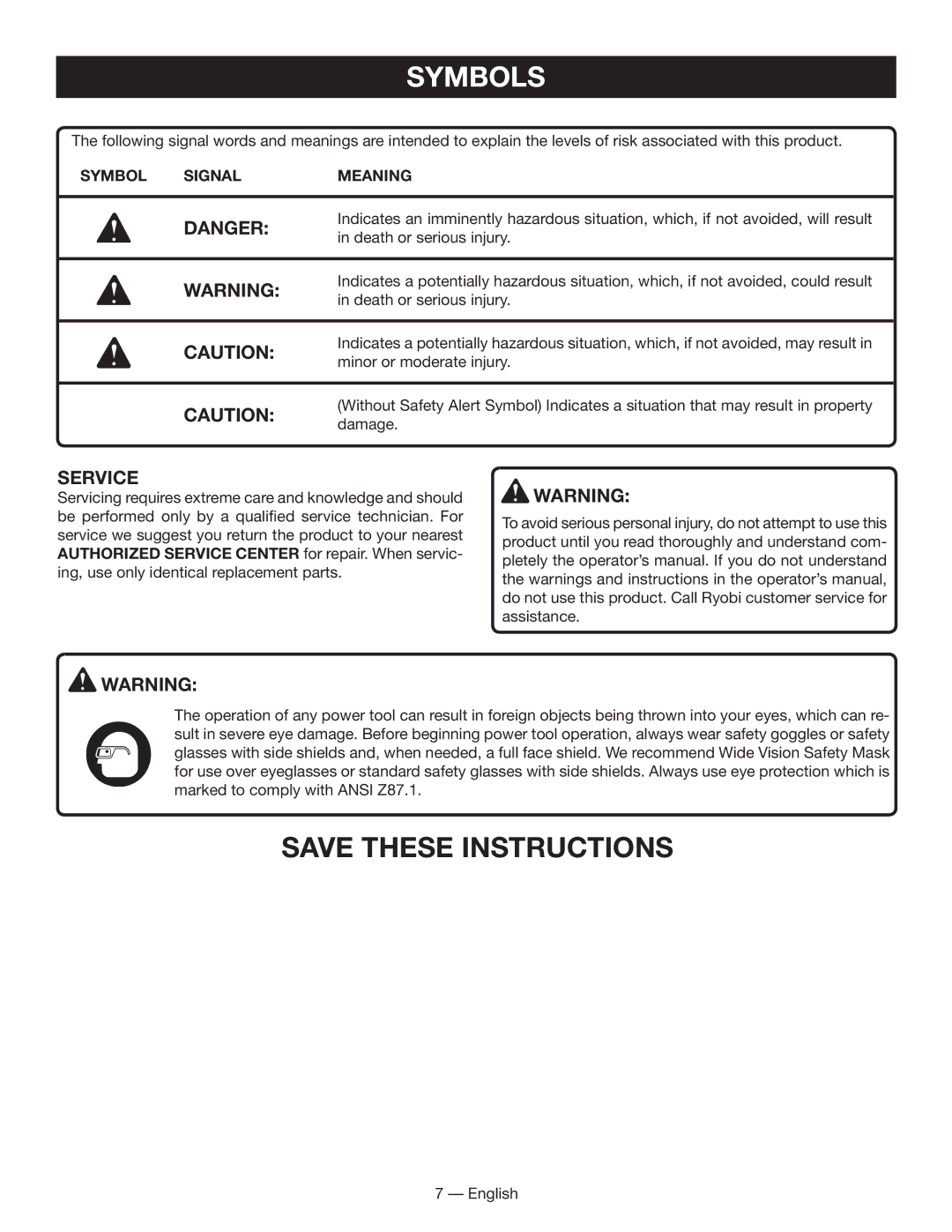 Ryobi WS730 manuel dutilisation Service, Symbol Signal Meaning 