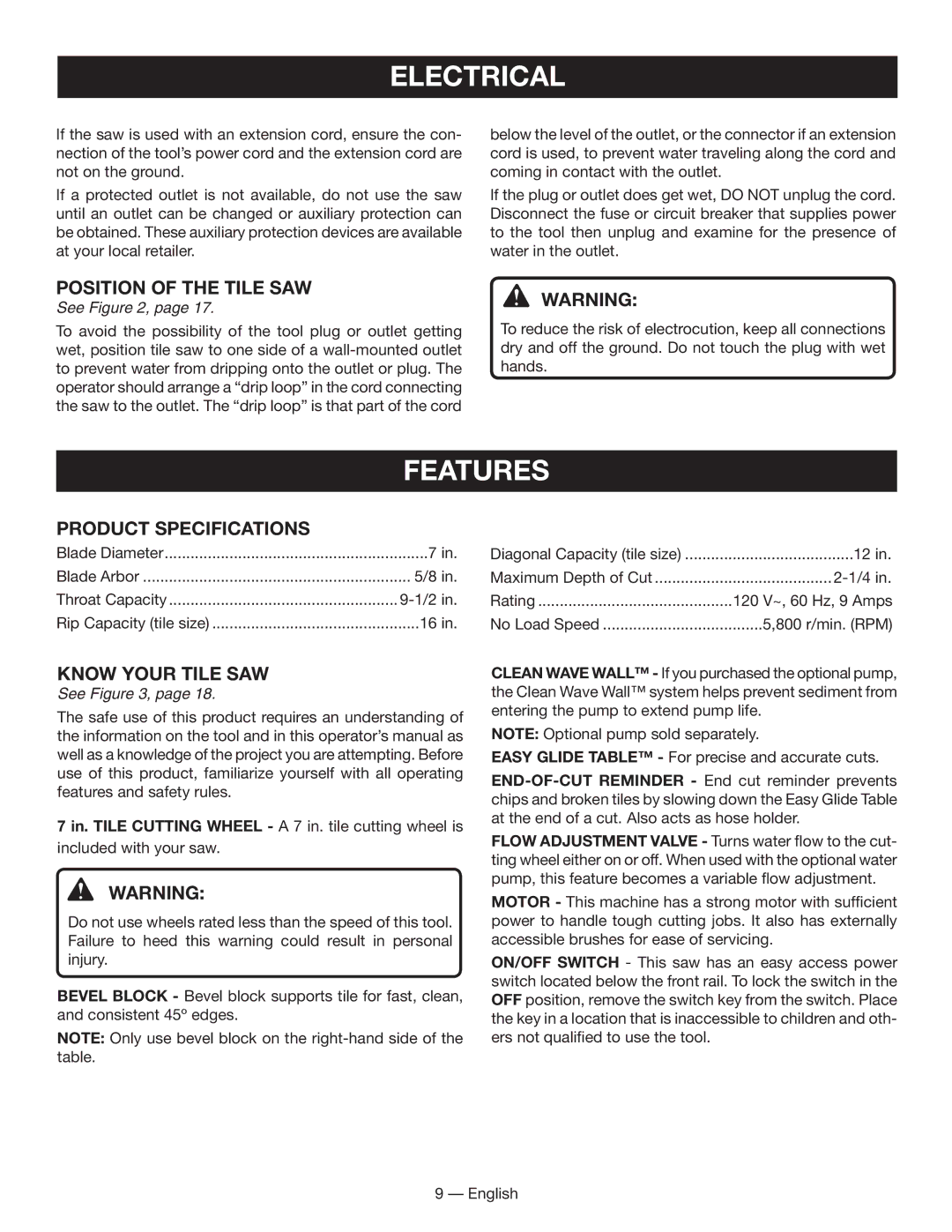 Ryobi WS730 manuel dutilisation Features, Position of the Tile saw, Product Specifications, Know Your tILE saw 