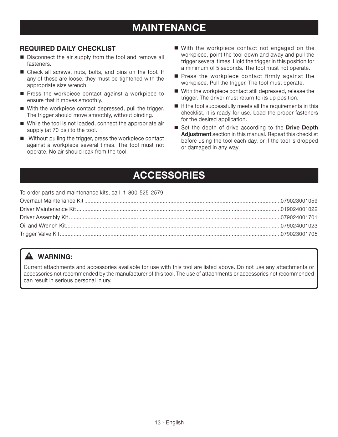 Ryobi YN200BND manuel dutilisation Accessories, Required Daily Checklist 