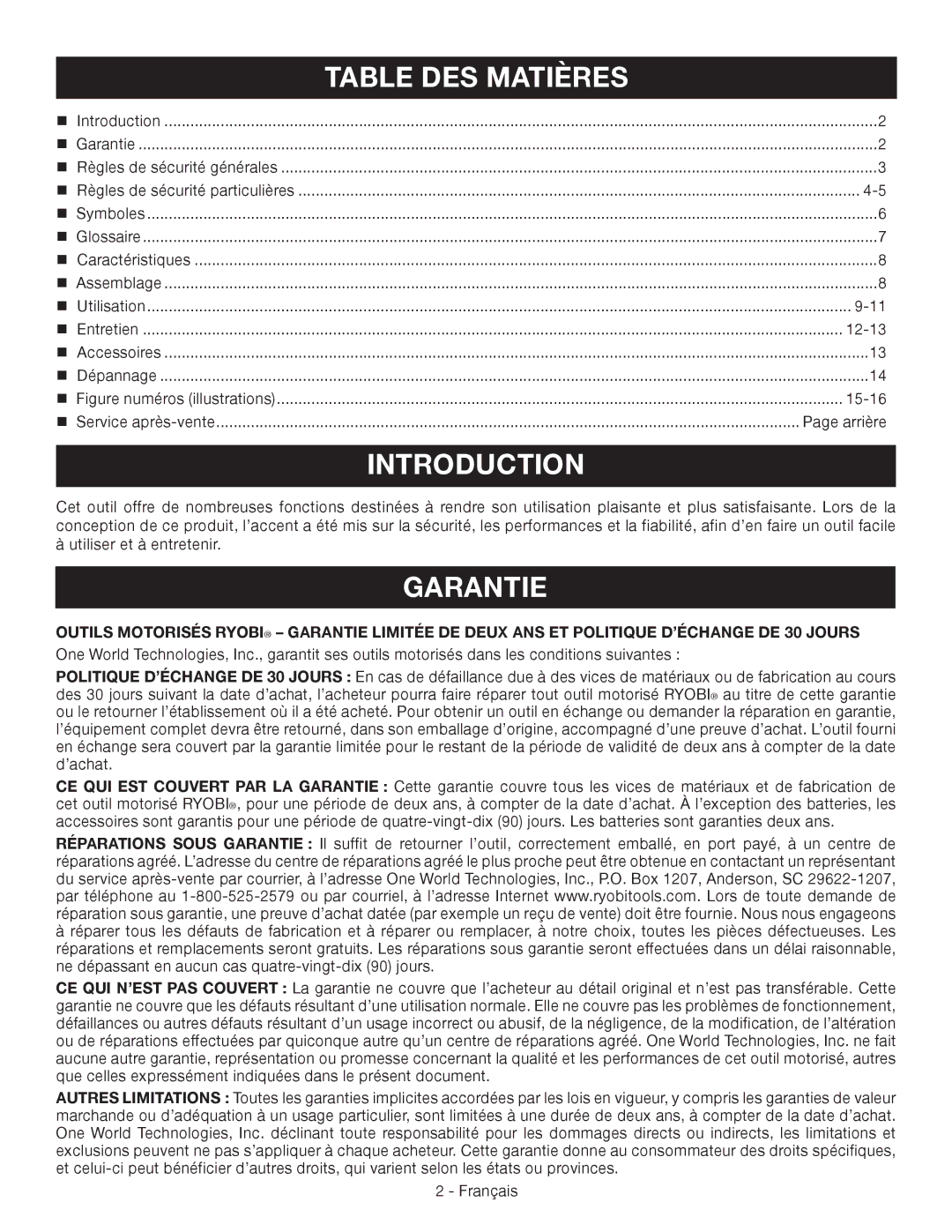 Ryobi YN200BND manuel dutilisation Garantie, Table DES Matières 