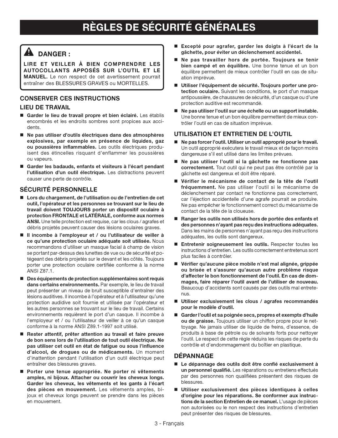 Ryobi YN200BND Règles DE Sécurité Générales, Conserver CES Instructions Lieu DE Travail, Sécurité Personnelle, Dépannage 