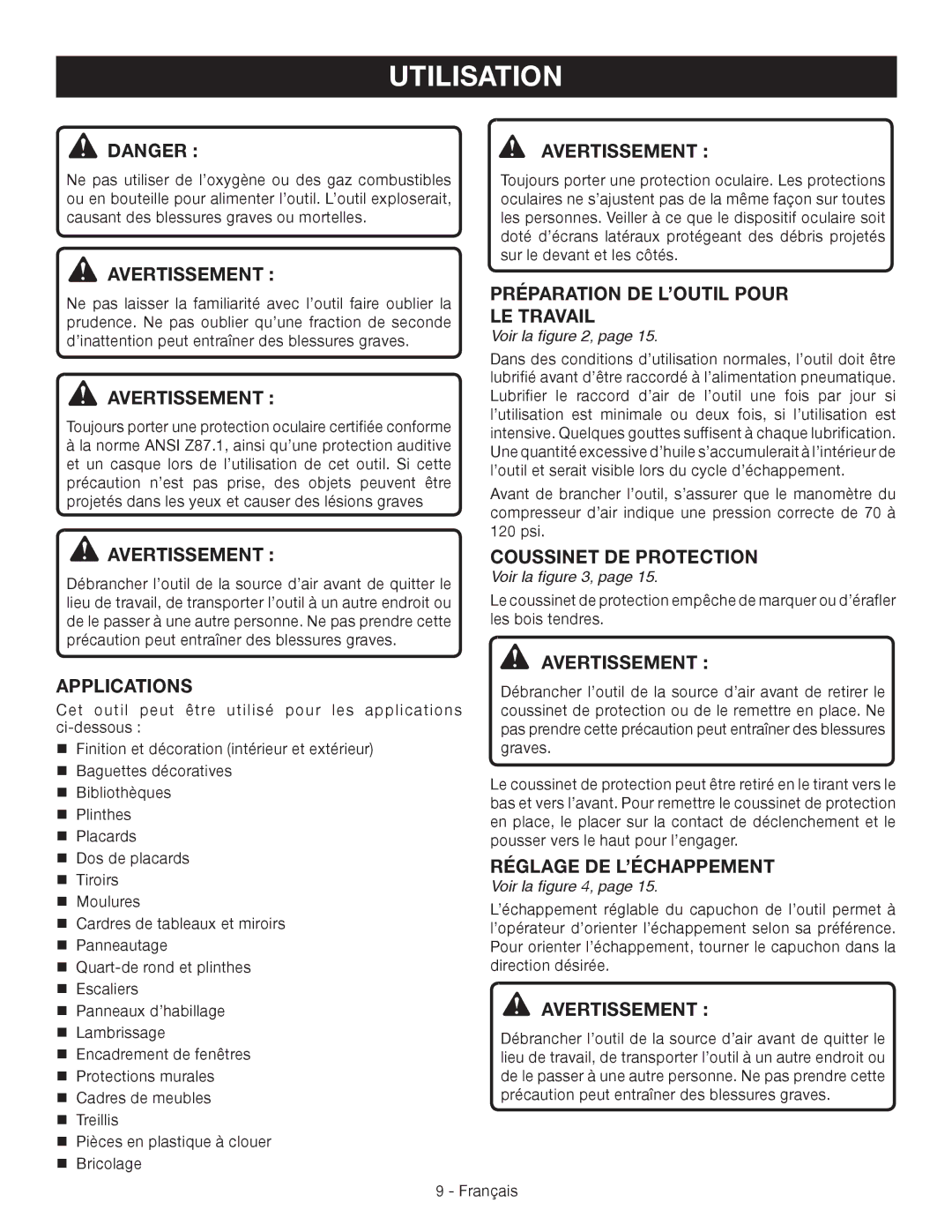 Ryobi YN200BND manuel dutilisation Utilisation, Préparation DE L’OUTIL Pour LE Travail, Réglage DE L’ÉCHAPPEMENT 