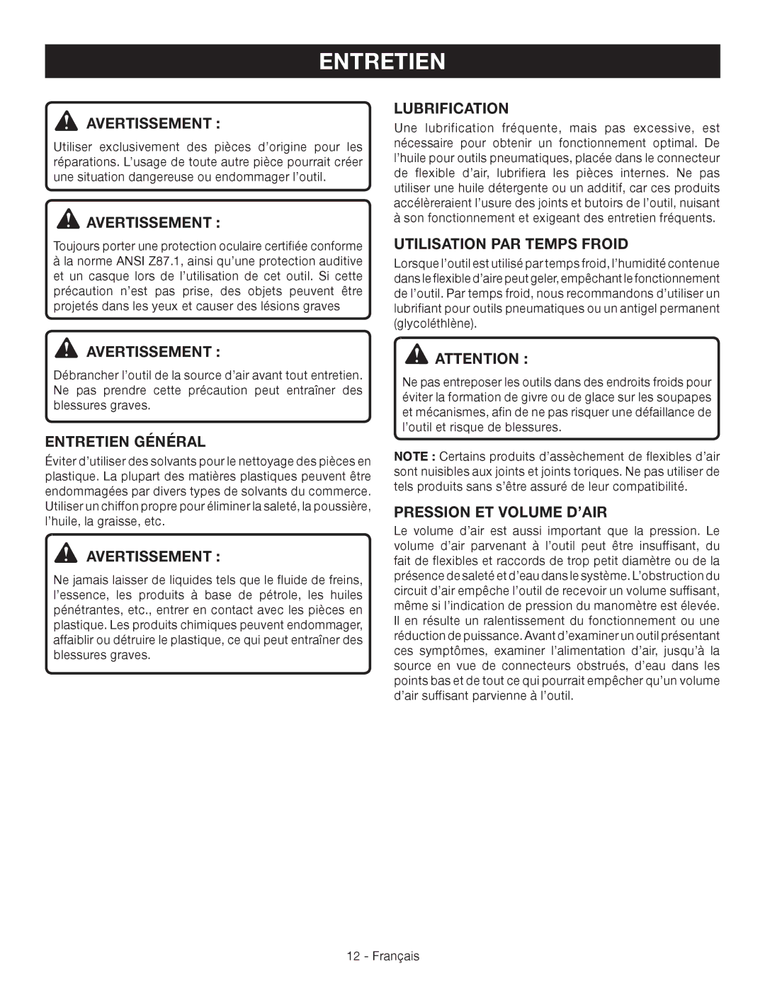 Ryobi YN200BND Entretien Général, Lubrification, Utilisation PAR Temps Froid, PRESSIONET Volume D’AIR 