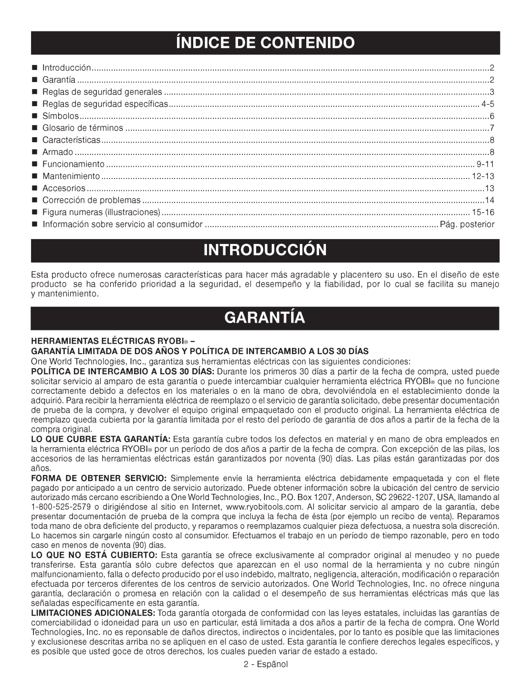 Ryobi YN200BND manuel dutilisation Índice DE Contenido, Introducción, Garantía, Pág. posterior 