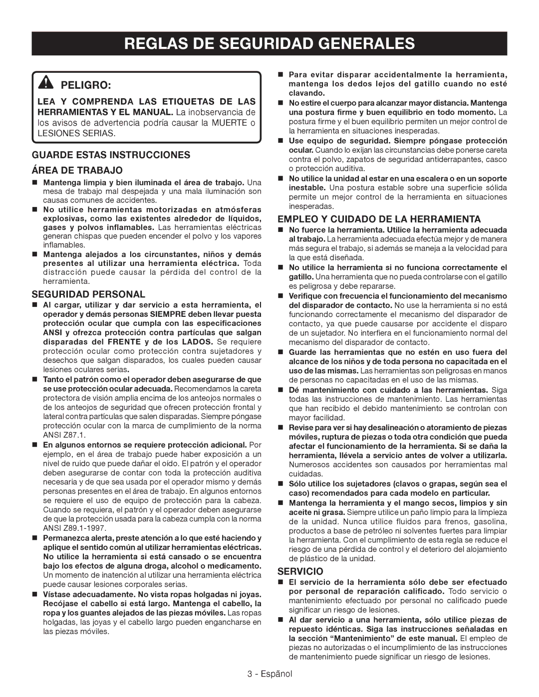 Ryobi YN200BND Reglas DE Seguridad Generales, Peligro, Guarde Estas Instrucciones Área DE Trabajo, Servicio 