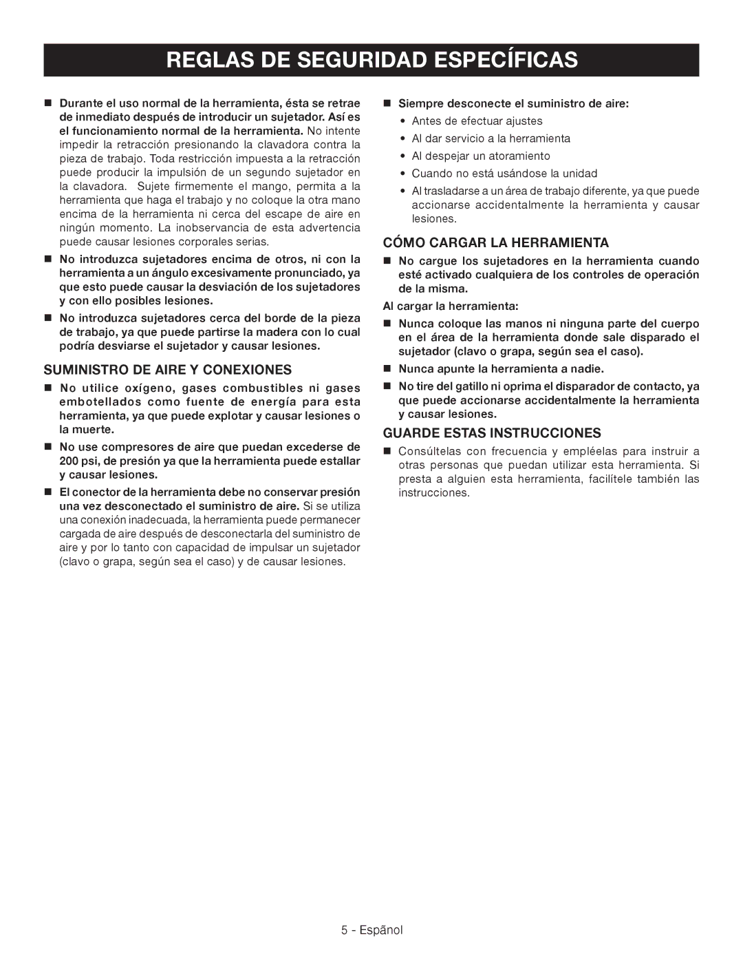 Ryobi YN200BND manuel dutilisation Suministro DE Aire Y Conexiones,  Siempre desconecte el suministro de aire 