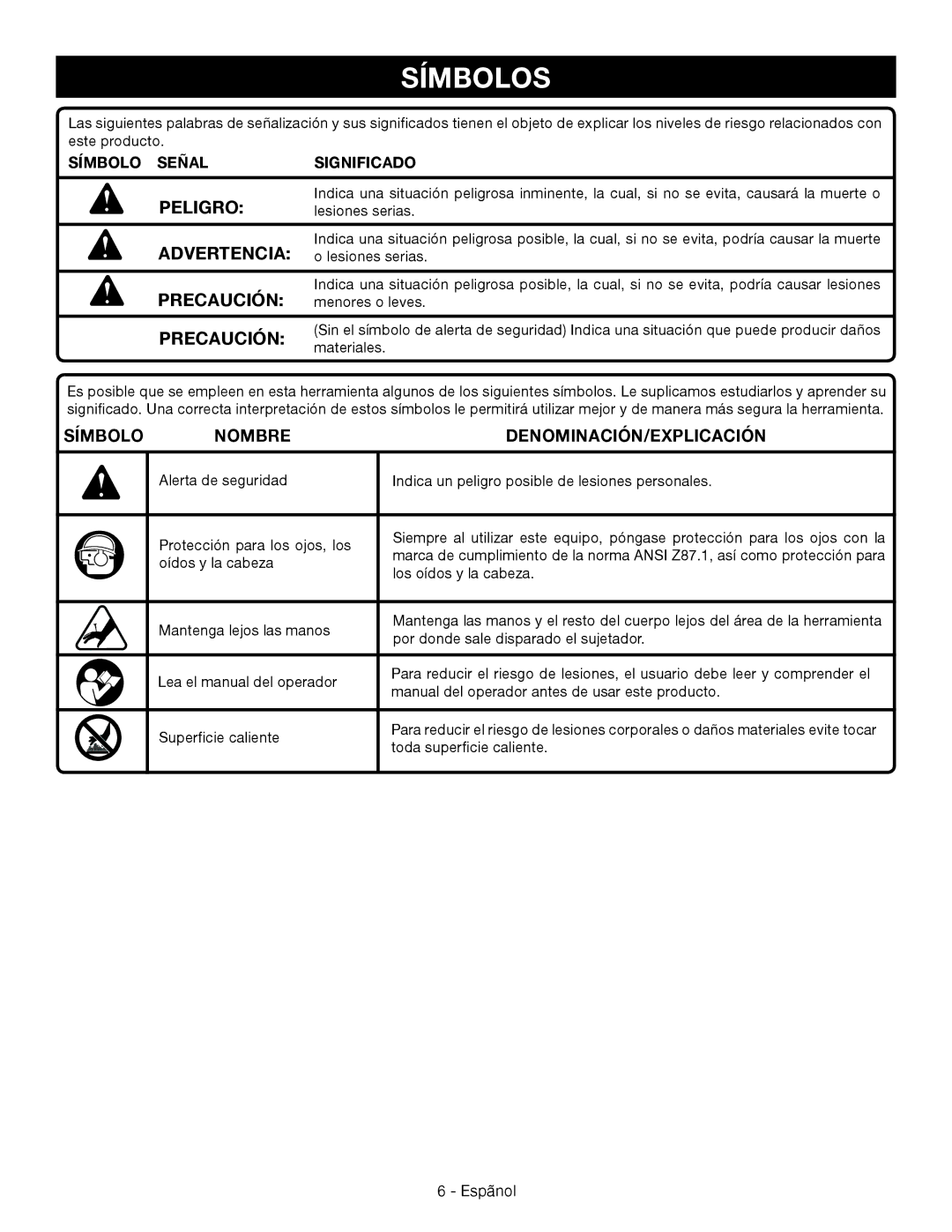 Ryobi YN200BND manuel dutilisation Símbolos, Peligro, Advertencia, Precaución, Símbolo Nombre DENOMINACIÓN/EXPLICACIÓN 