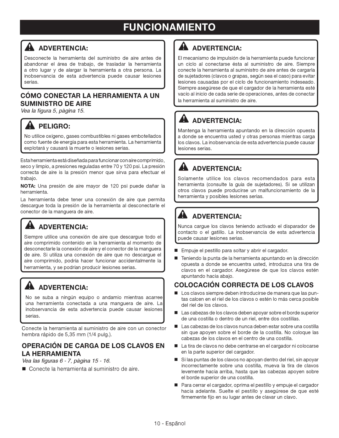 Ryobi YN200BND Cómo Conectar LA Herramienta a UN Suministro DE Aire, Operación DE Carga DE LOS Clavos EN LA Herramienta 