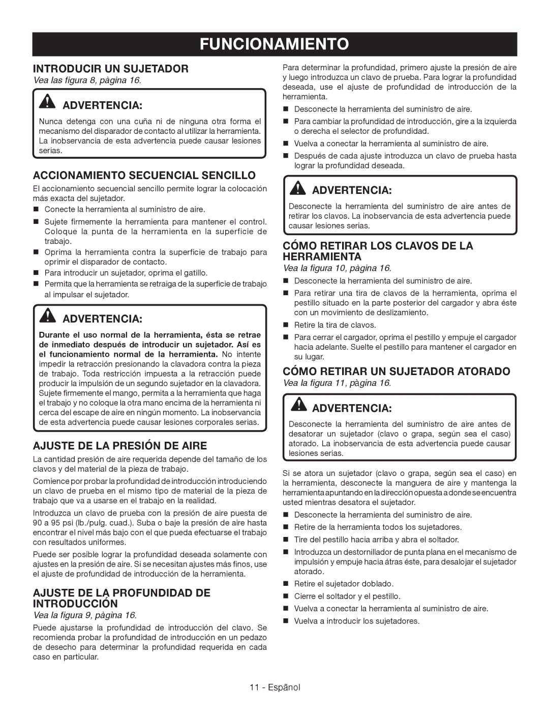 Ryobi YN200BND manuel dutilisation Introducir UN Sujetador, Accionamiento Secuencial Sencillo, Ajuste de la presión de aire 