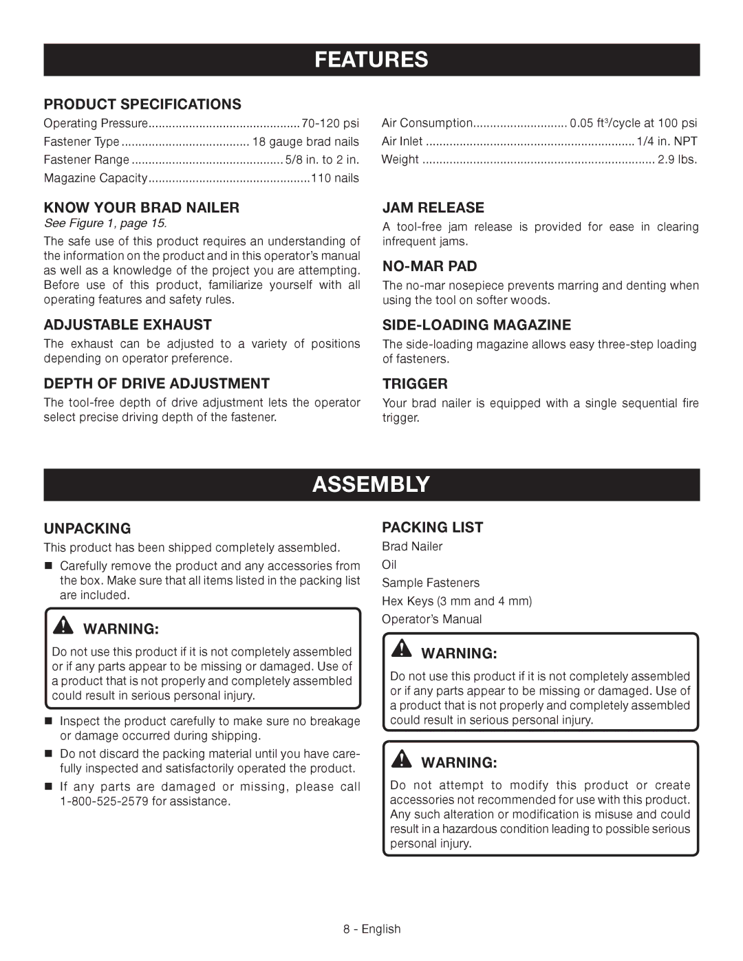 Ryobi YN200BND manuel dutilisation Features, Assembly 