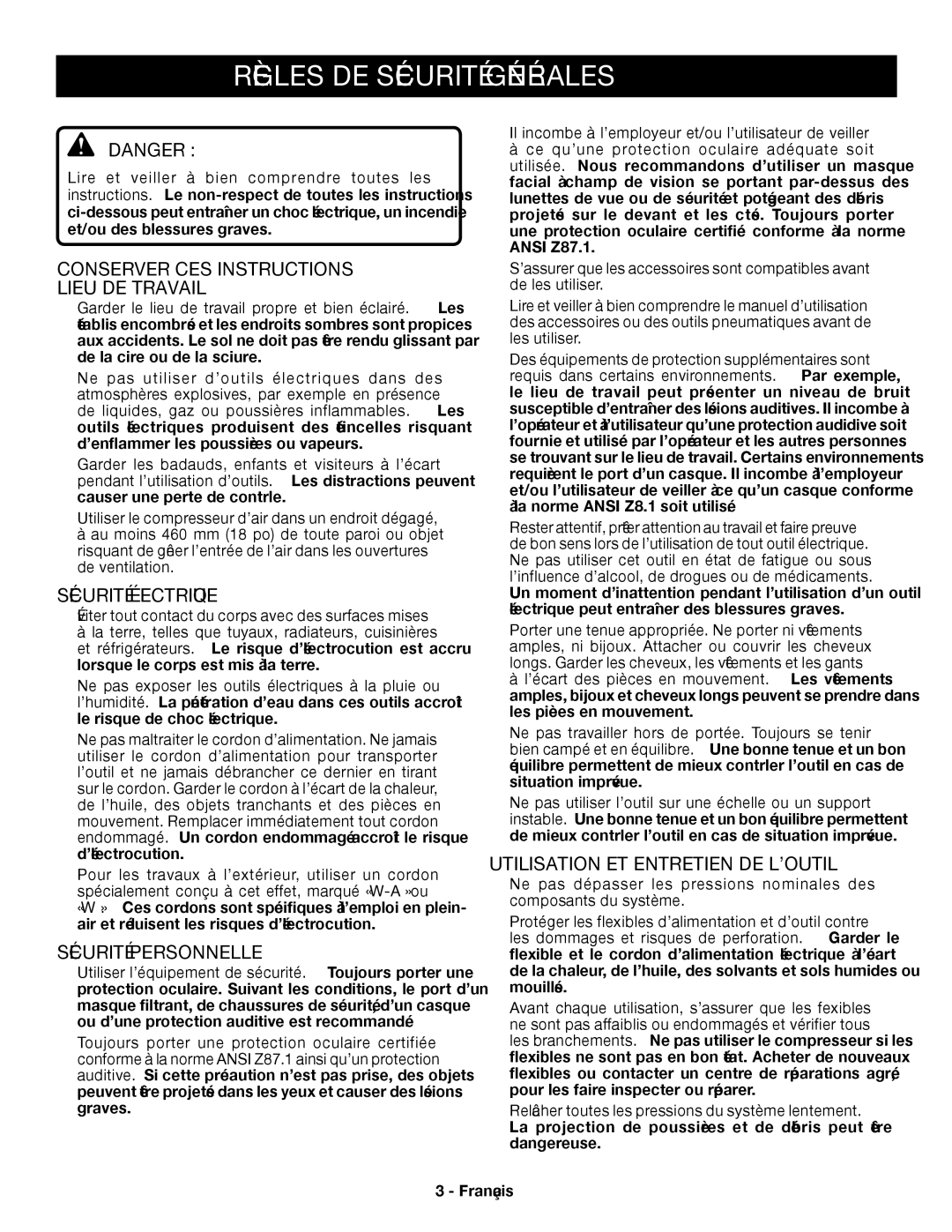 Ryobi YN301PL1 Règles de sécurité générales, Conserver CES Instructions Lieu DE Travail, Sécurité Électrique 