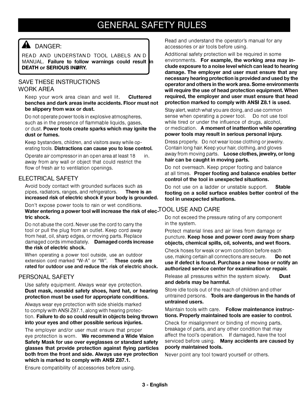 Ryobi YN301PL1 manuel dutilisation General Safety Rules, Work Area, Electrical Safety, Personal safety, Tool USE and Care 