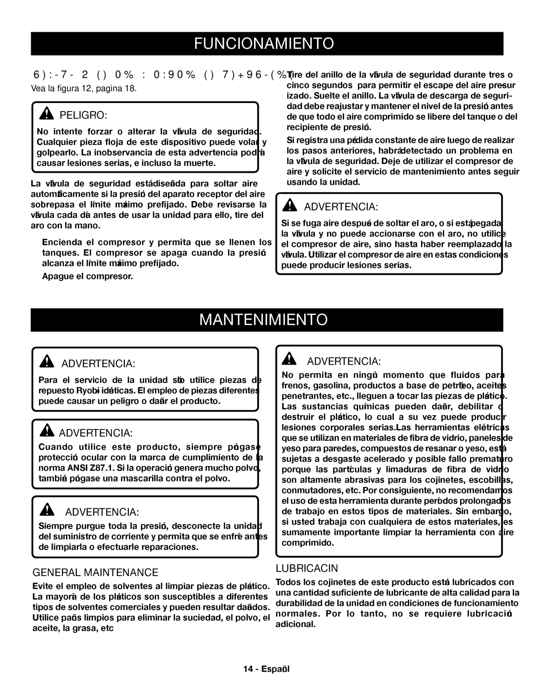 Ryobi YN301PL1 Mantenimiento, Revisión de la válvula de seguridad, Lubricación, Vea la figura 12, pagina 