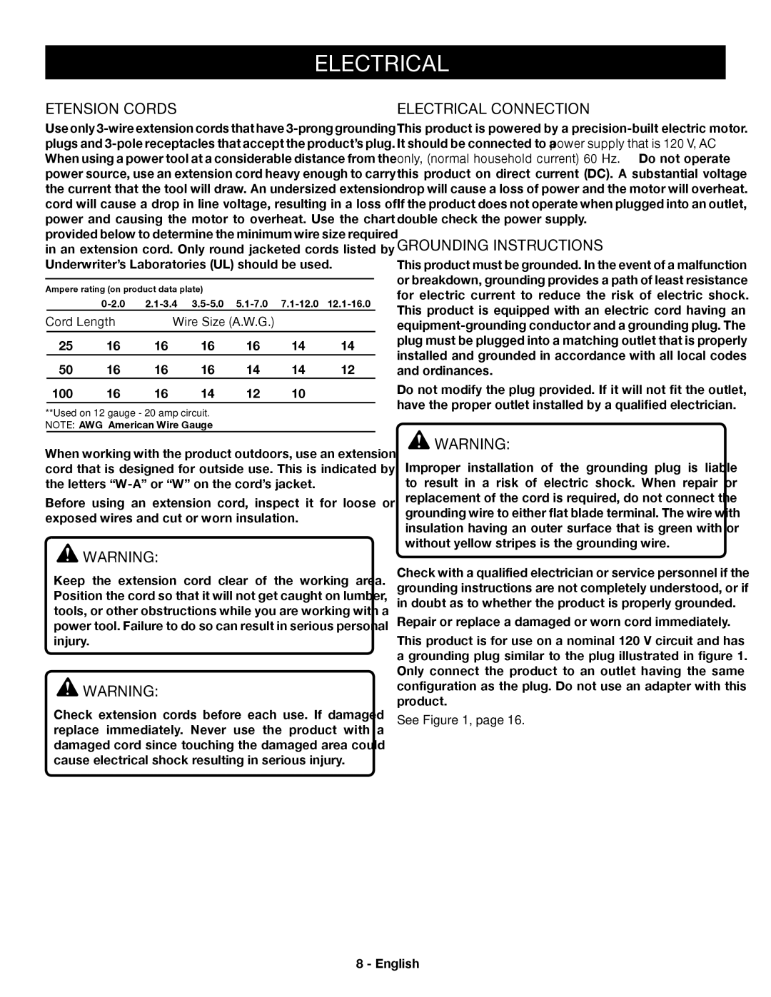 Ryobi YN301PL1 manuel dutilisation Extension Cords, Electrical Connection, Grounding Instructions, See 