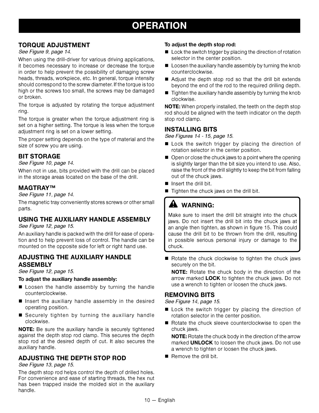 Ryobi ZRP212, P212G Torque Adjustment, Using the Auxiliary Handle Assembly, Adjusting the Auxiliary Handle Assembly 