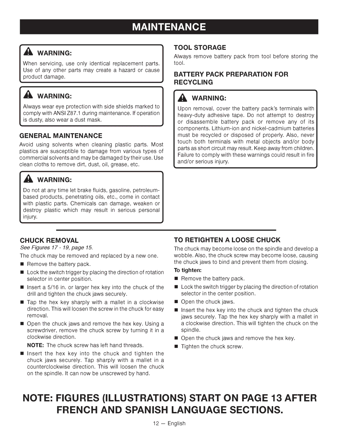 Ryobi ZRP212, P212G General Maintenance, Battery Pack Preparation for Recycling, To Retighten a Loose Chuck 