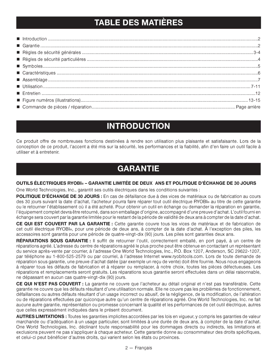 Ryobi P212G, ZRP212 manuel dutilisation Garantie, Arrière 