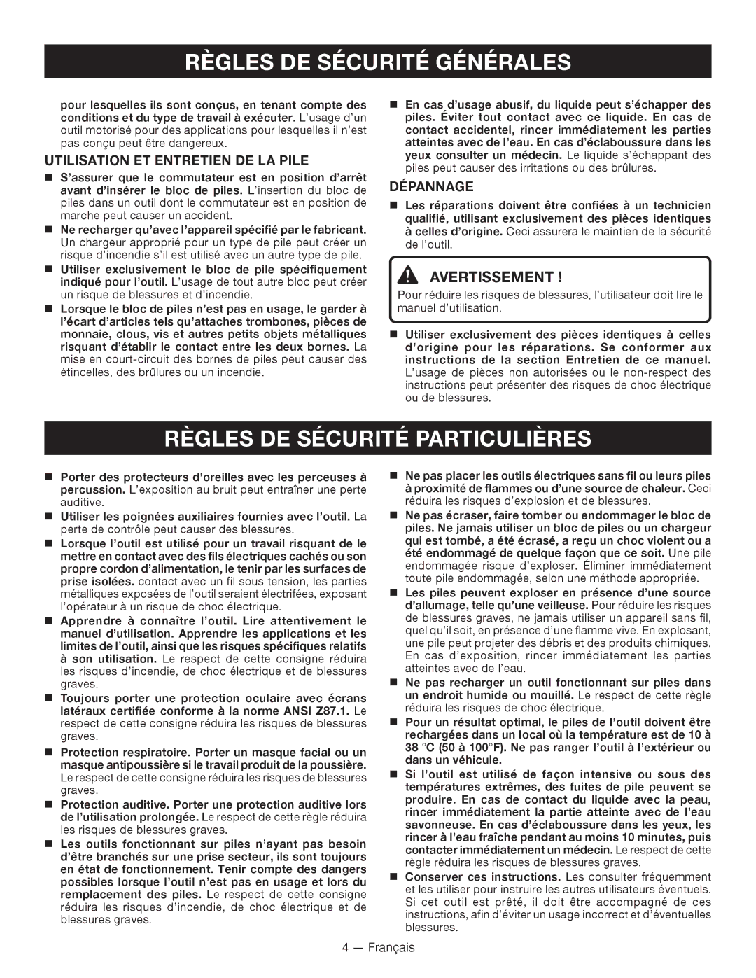 Ryobi P212G, ZRP212 manuel dutilisation Règles DE Sécurité Particulières, Dépannage 