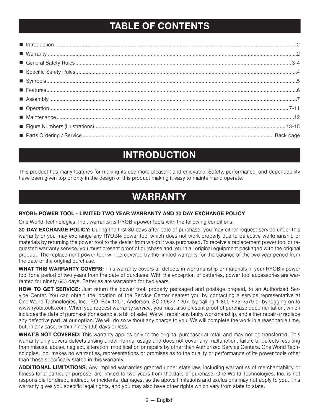 Ryobi ZRP212, P212G manuel dutilisation Introduction, Table of Contents 