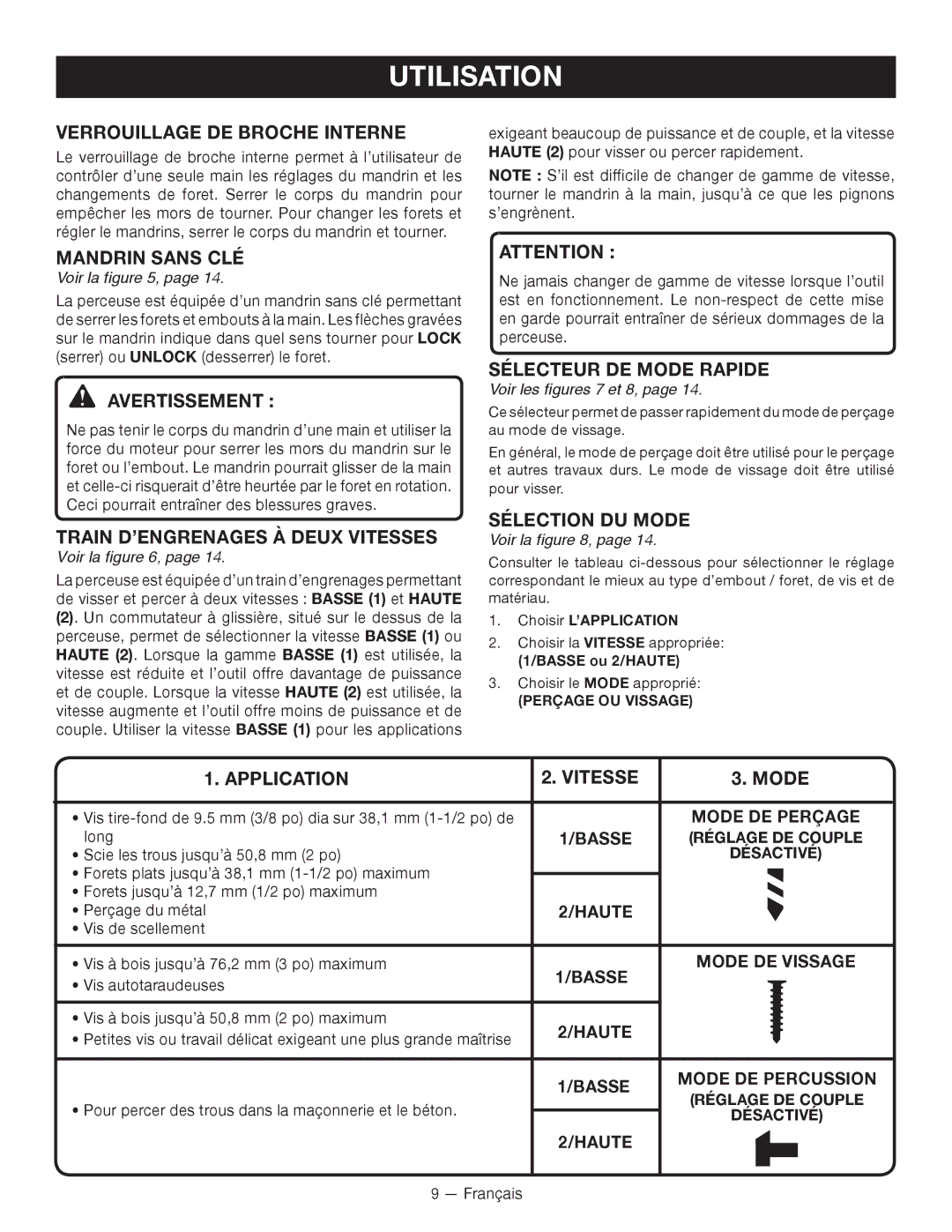 Ryobi ZRP212, P212G Verrouillage de broche interne, Sélection DU Mode, Application Vitesse Mode, Basse, Haute 