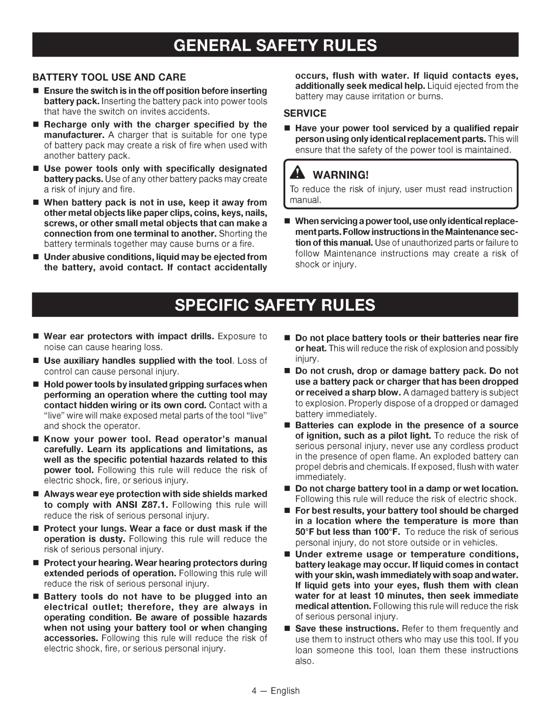 Ryobi ZRP212, P212G manuel dutilisation Specific Safety Rules, Battery Tool USE and Care, Service 