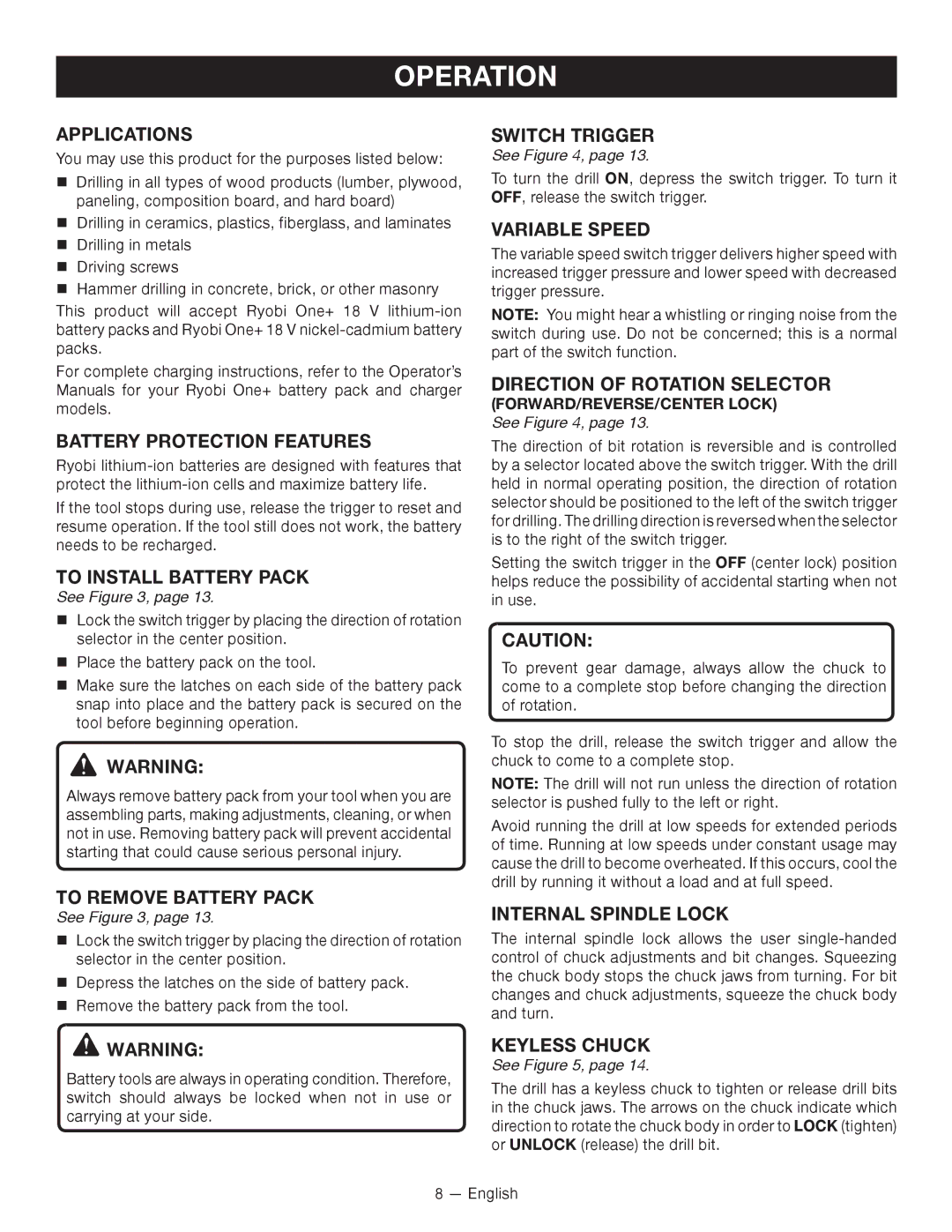 Ryobi ZRP212 Applications, Battery Protection Features, To Install Battery Pack, To Remove Battery Pack, Switch Trigger 