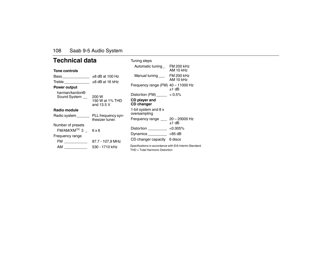 Saab 2007 owner manual Technical data, Tone controls, Power output, Radio module, CD player CD changer 