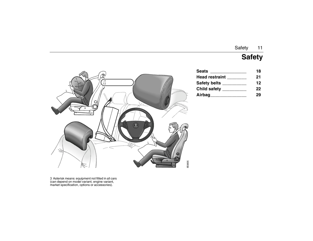 Saab 2007 owner manual Seats Head restraint Safety belts Child safety Airbag 