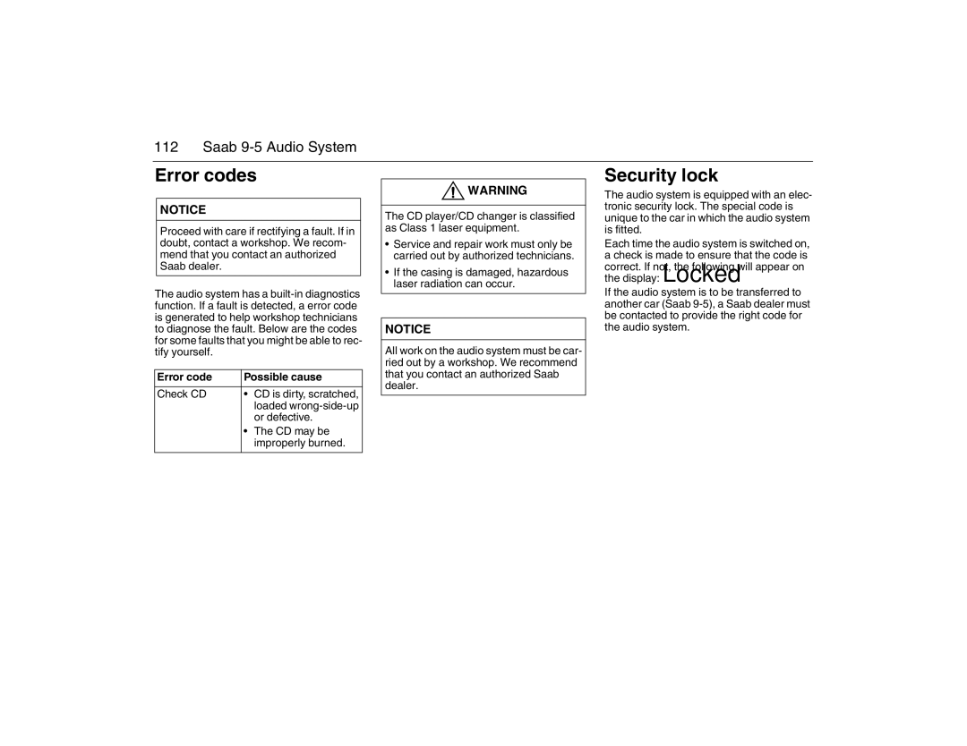 Saab 2007 owner manual Error codes, Security lock, Error code Possible cause 