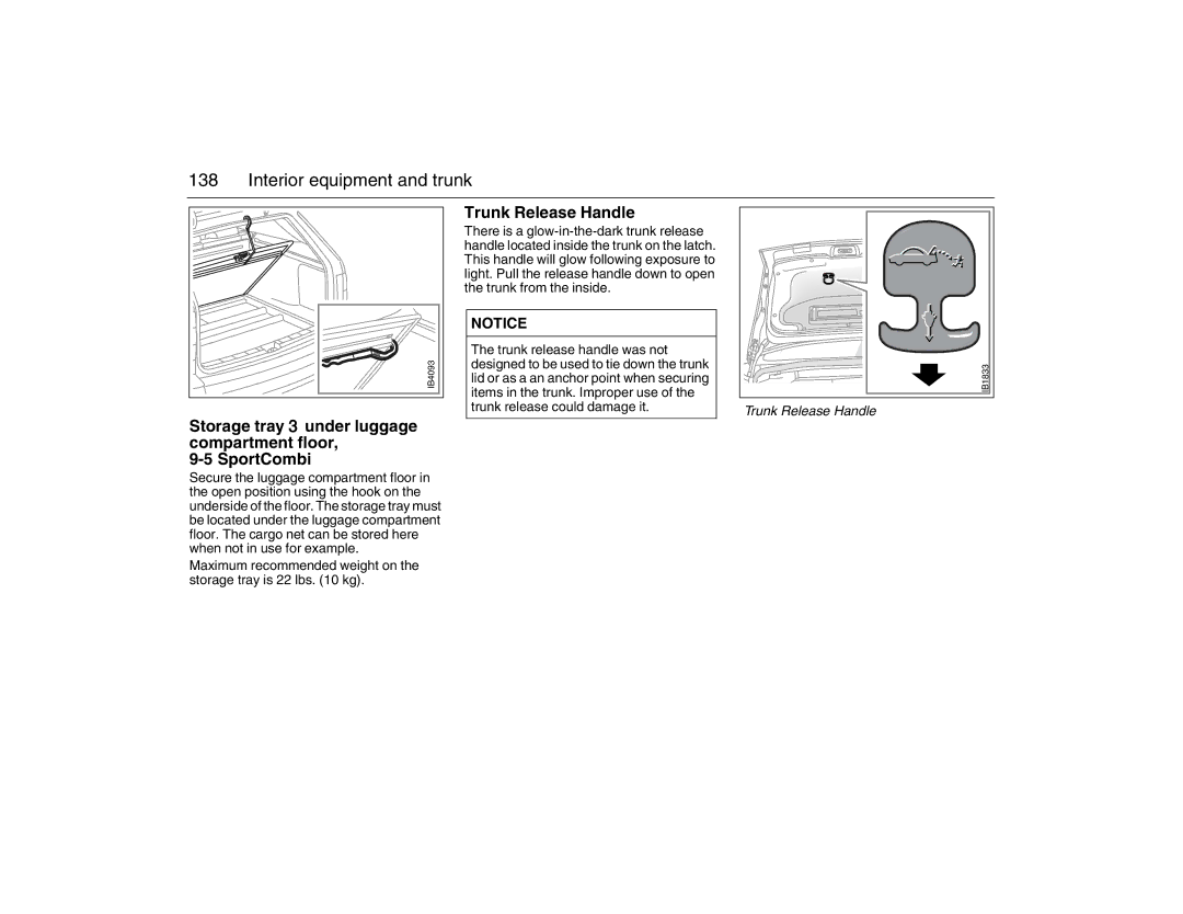 Saab 2007 owner manual Storage tray 3 under luggage compartment floor SportCombi, Trunk Release Handle 