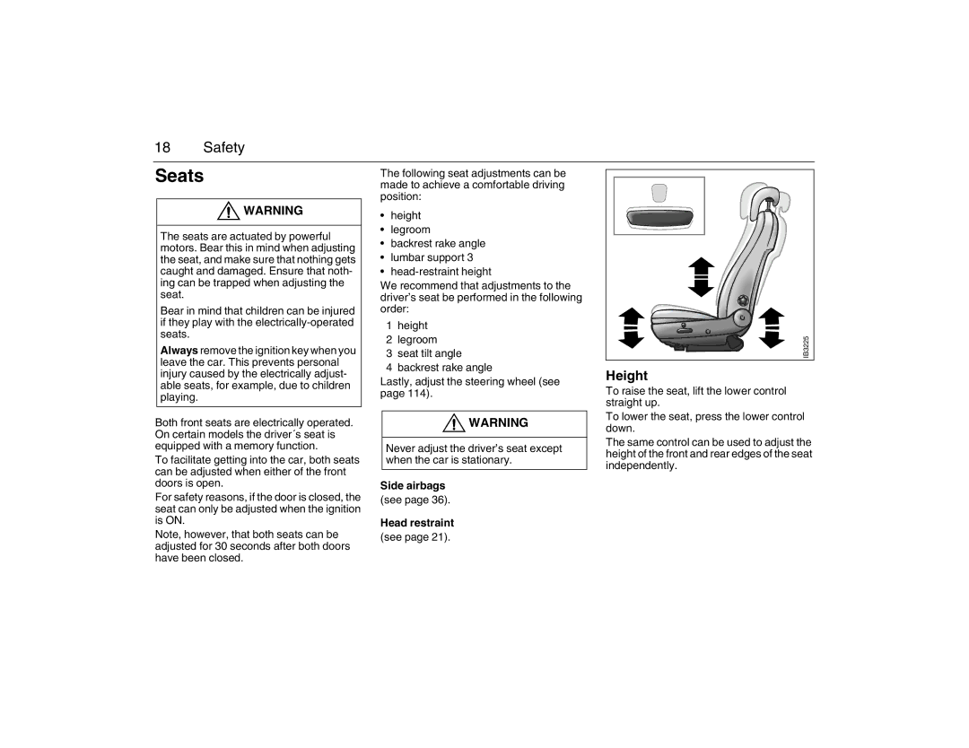 Saab 2007 owner manual Seats, Height, Side airbags, See, Head restraint 