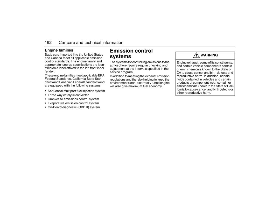 Saab 2007 owner manual Emission control systems, Engine families 