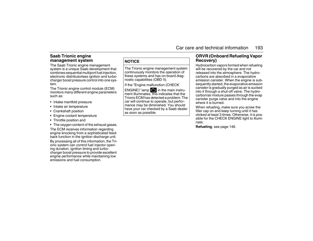 Saab 2007 owner manual Saab Trionic engine management system, Orvr Onboard Refueling Vapor Recovery 