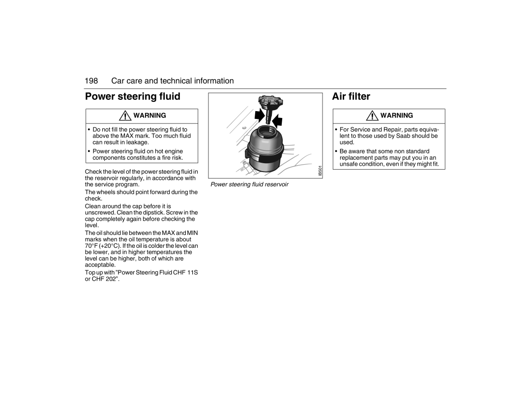 Saab 2007 owner manual Power steering fluid, Air filter 