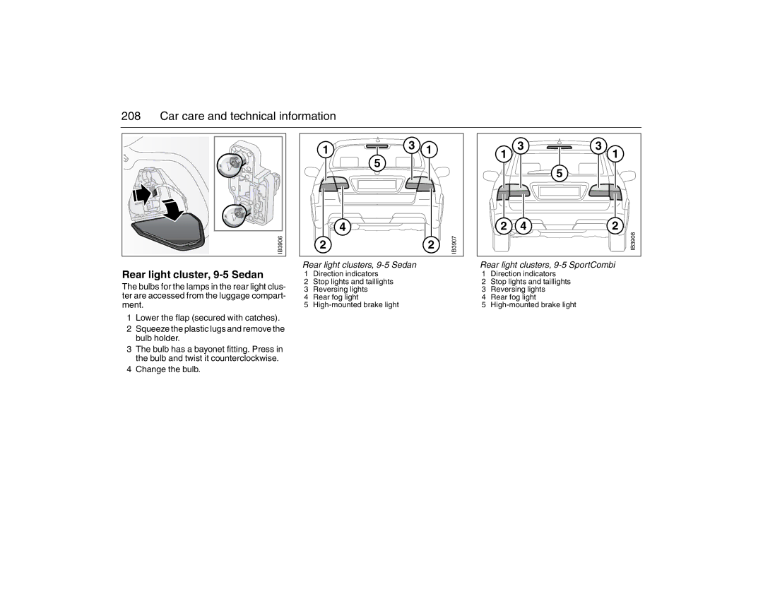 Saab 2007 owner manual Rear light cluster, 9-5 Sedan, Rear light clusters, 9-5 Sedan, Rear light clusters, 9-5 SportCombi 