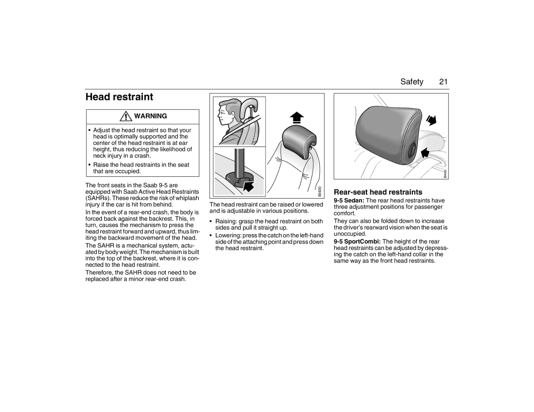 Saab 2007 owner manual Head restraint, Rear-seat head restraints 