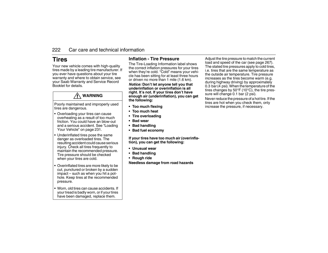 Saab 2007 owner manual Tires, Inflation Tire Pressure 