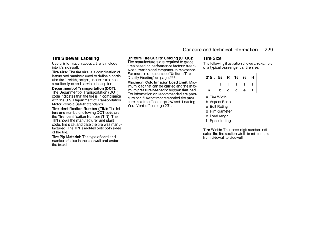 Saab 2007 owner manual Tire Sidewall Labeling, Tire Size, Uniform Tire Quality Grading Utqg, 215 