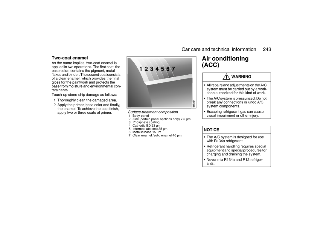 Saab 2007 Air conditioning ACC, Two-coat enamel, Surface-treatment composition, Never mix R134a and R12 refriger- ants 