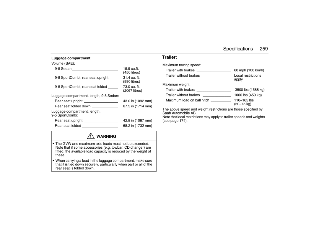 Saab 2007 owner manual Trailer, Luggage compartment 