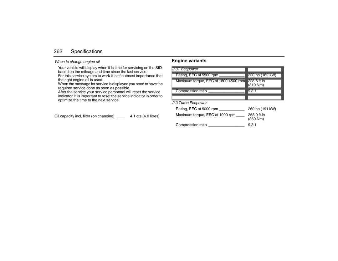 Saab 2007 owner manual When to change engine oil, 3T Ecopower, 220 hp 162 kW, 228.6 ft.lb 310 Nm 