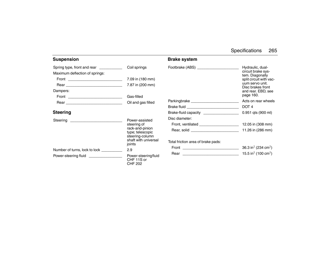 Saab 2007 Dampers Front Gas-filled Rear, Joints, Number of turns, lock to lock Power-steering fluid, CHF 11S or, Chf 