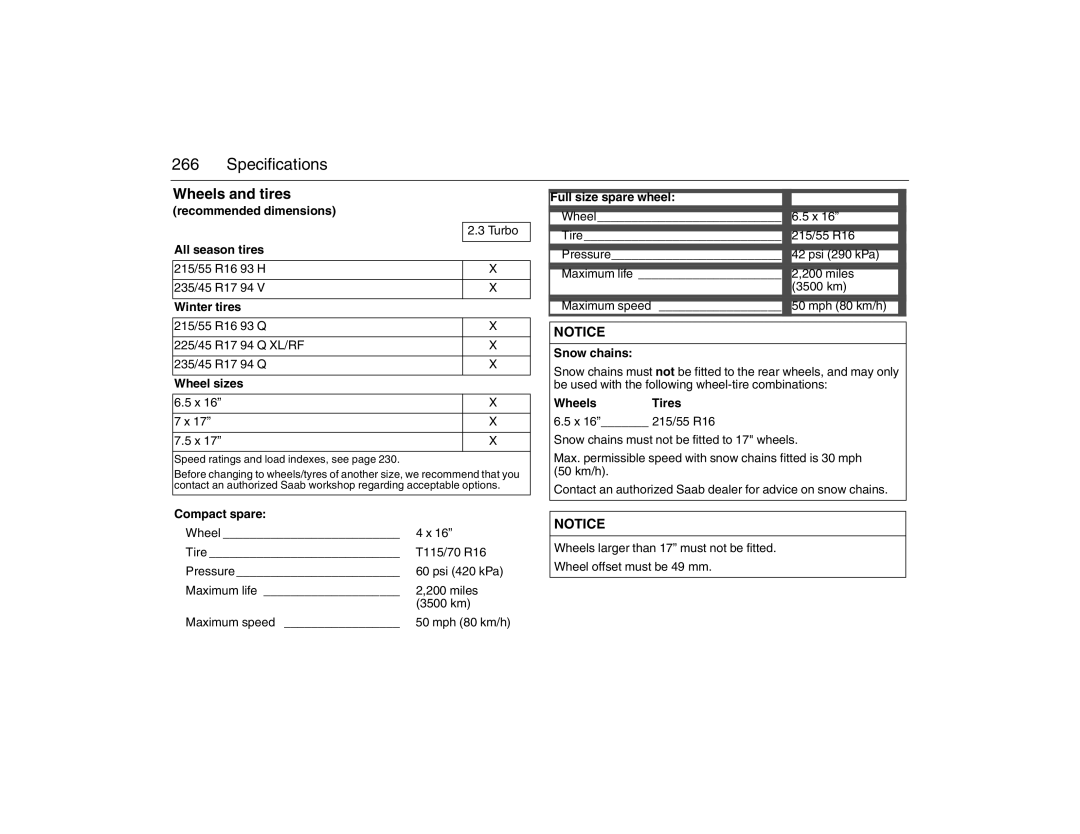 Saab 2007 Wheels and tires recommended dimensions, All season tires, Winter tires, Wheel sizes, Compact spare, Snow chains 