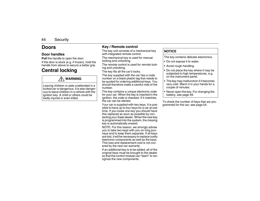 Saab 2007 owner manual Doors, Central locking, Door handles, Key / Remote control, Pull the handle to open the door 