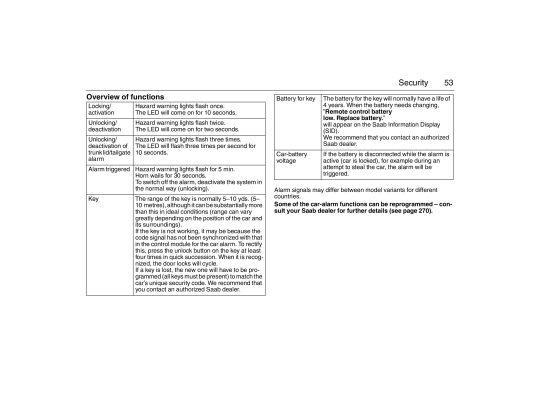 Saab 2007 owner manual Overview of functions, Remote control battery, Low. Replace battery 