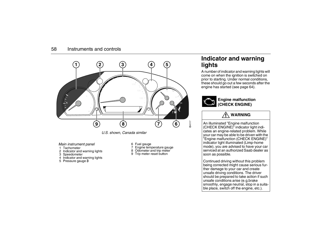 Saab 2007 owner manual Indicator and warning lights, Shown, Canada similar, Main instrument panel 