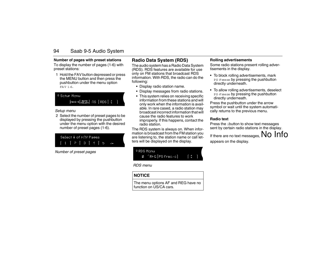 Saab 2007 owner manual Radio Data System RDS, Number of pages with preset stations, Rolling advertisements, Radio text 