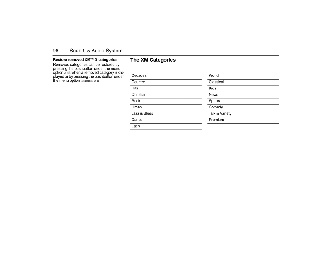 Saab 2007 owner manual XM Categories, Restore removed Xmtm 3 categories 