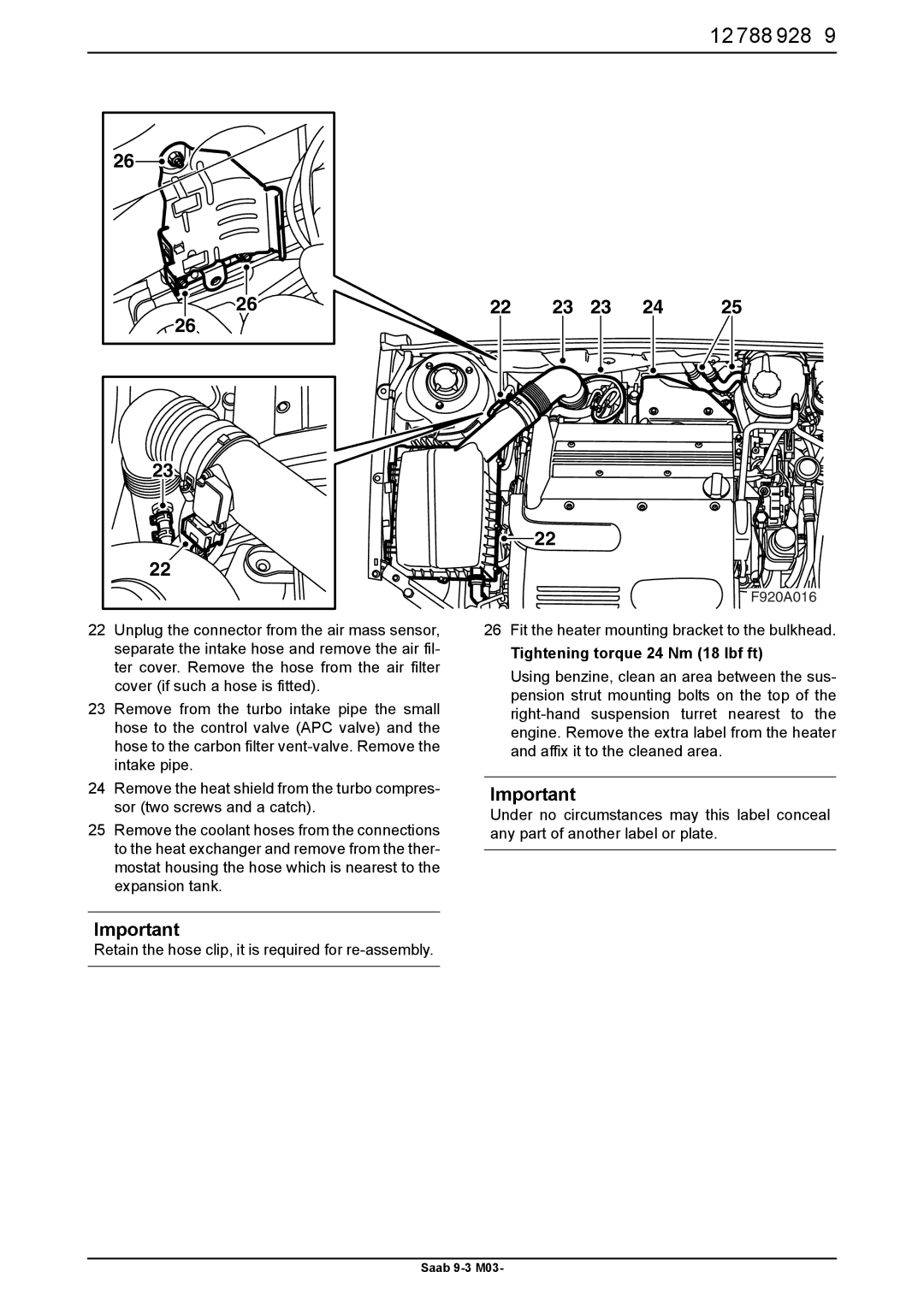 Saab 9-3 M03 installation instructions Fit the heater mounting bracket to the bulkhead 